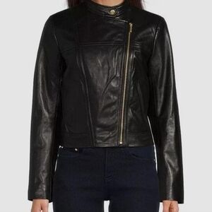 Micheal Kors 100% Real Lambskin Leather Black Moto Biker Jacket Women's size L